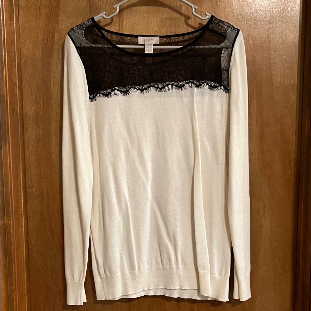 LOFT White Long Sleeve Sweater with Black Lace Yoke